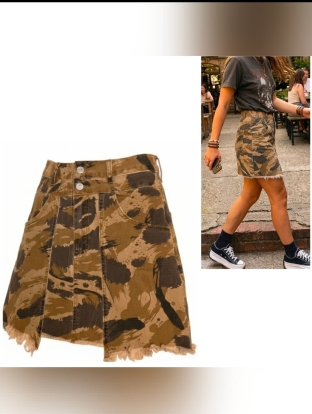 POL Camo Raw Hem Mini Skirt | High Waisted Utility Grunge Boho. Size S. Cotton - Picture 4 of 13